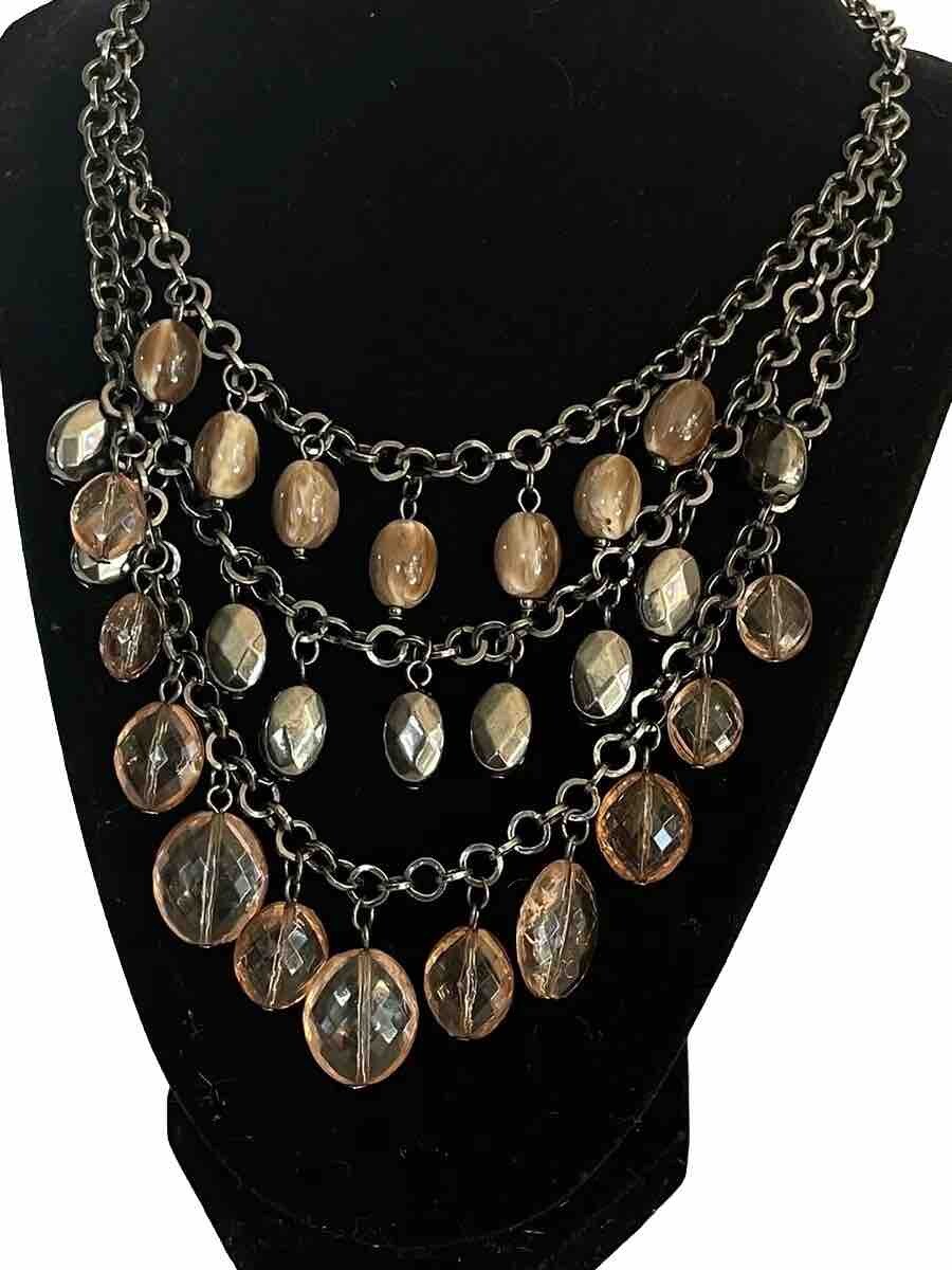 Neutral Multi Color Acrylic Waterfall Beaded Layered Bib Necklace Chandelier