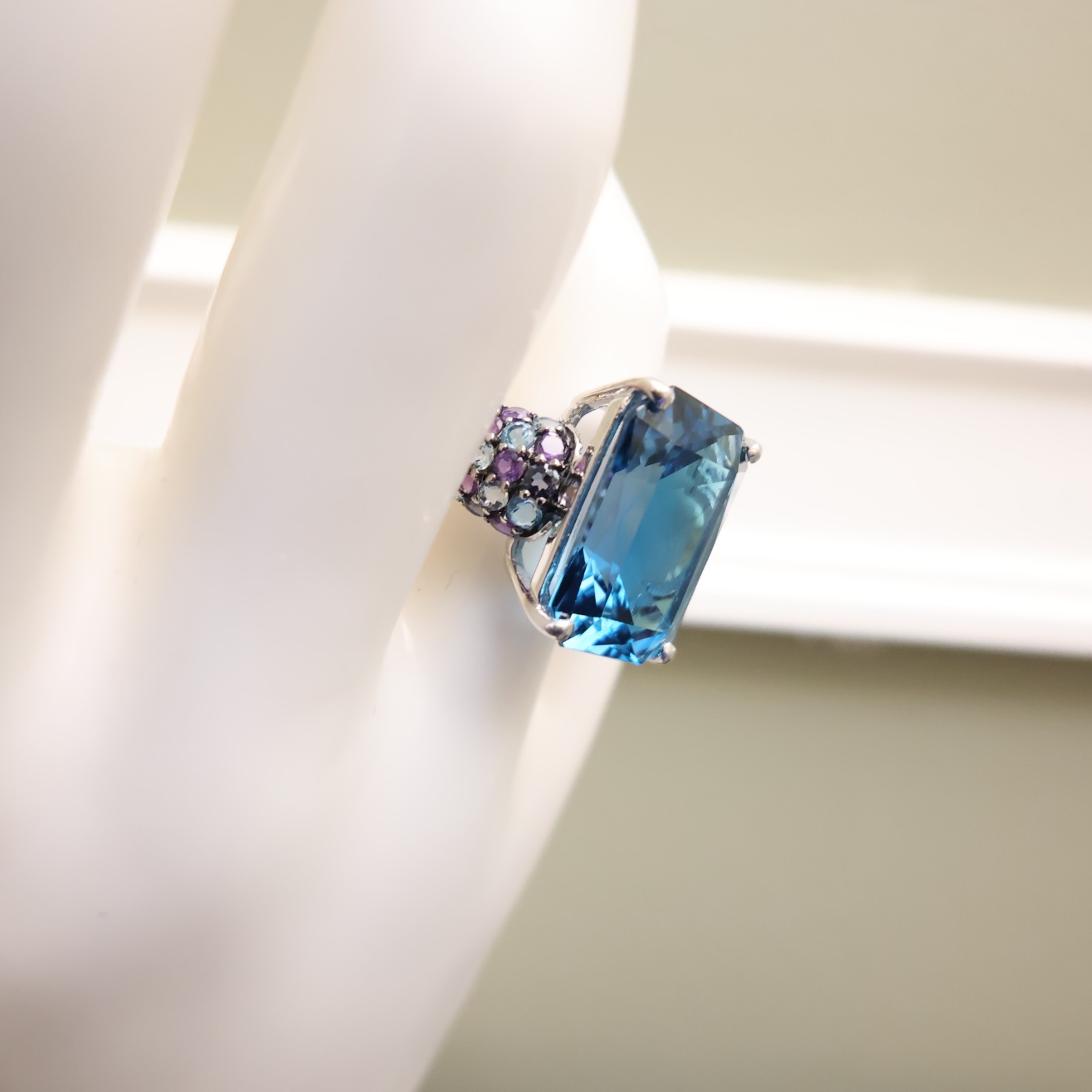 London blue topaz ring emerald cut amethyst accents sterling silver 925 QVC Sz 7