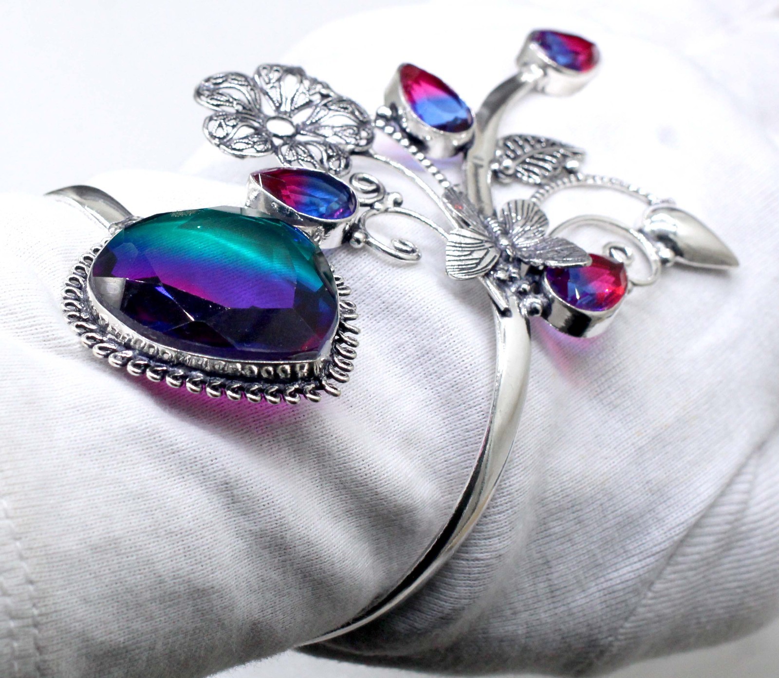 925 Sterling Silver Bi-Color Tourmaline Gemstone Handmade Jewelry Cuff Bracelet