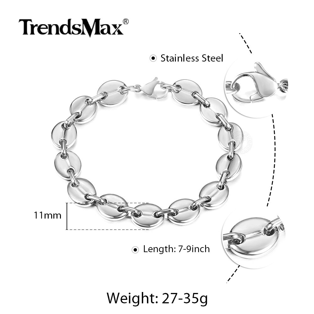 11mm 8″ Mens Coffee Beans Marina Link Bracelet Silver Stainless Steel Chain New