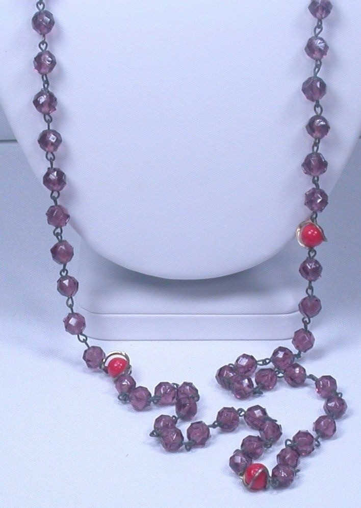 Art Deco Amethyst Crystal & Red Glass Sautoir Necklace