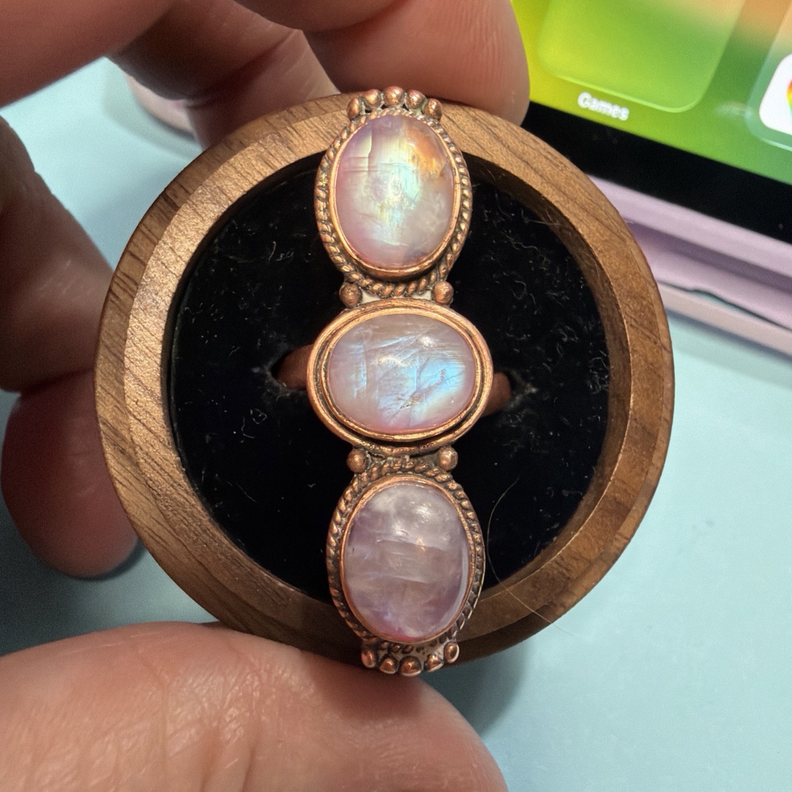 Pink Moonstone Copper Adjustable Ring Sz 7-9