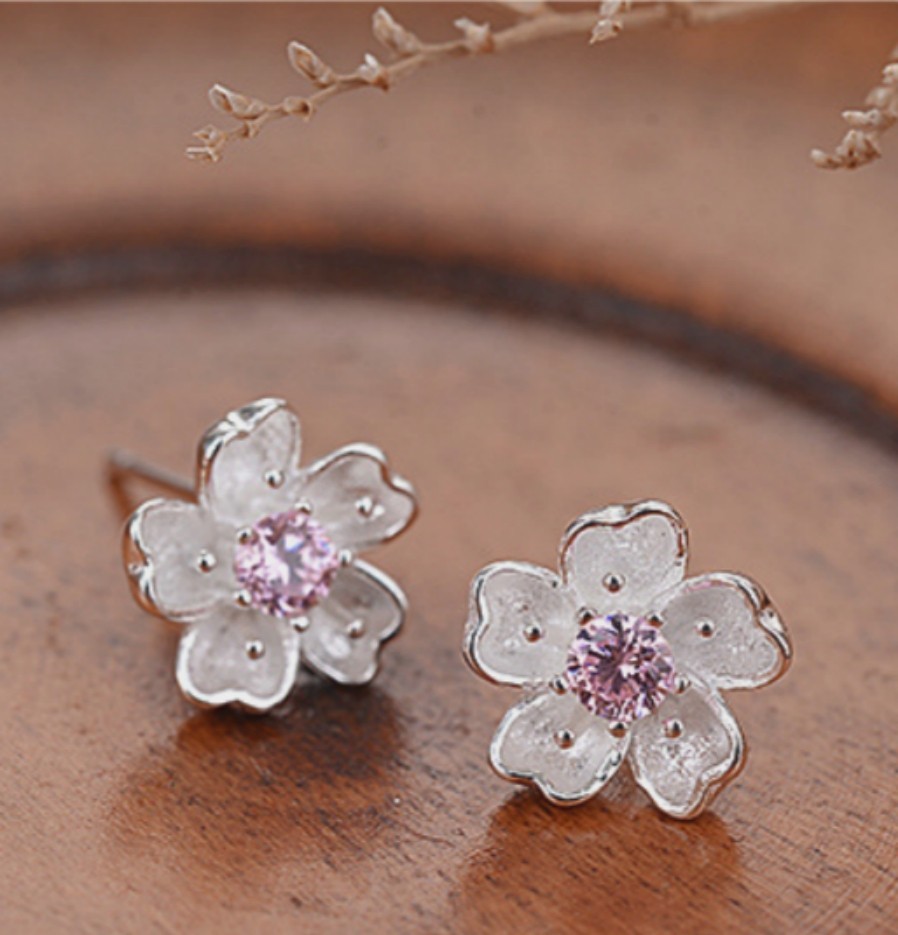 Elegant Pink CZ Center Cherry Blossom Earring Silver Plated Straight Needle Stud
