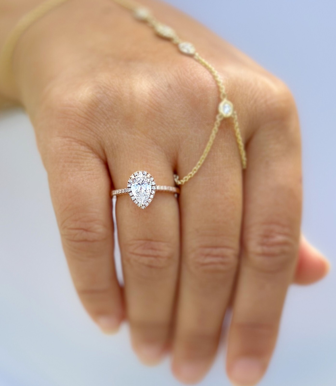 Pear Shape And Round Moissanite Engagement Ring Halo 14k Solid Rose Gold 1.70ctw