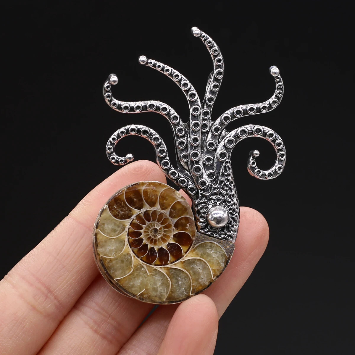 Ammonite Fossil Octopus Specimen Silver Kraken Cryptid Pin Broach Jewelry