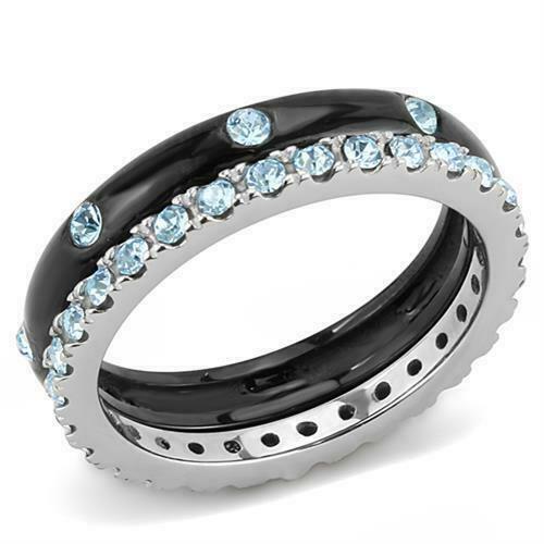 Women’S Top Grade Crystal Sea Blue Two-Tone Ip Black Stainless Ring 5-10 Tk3233