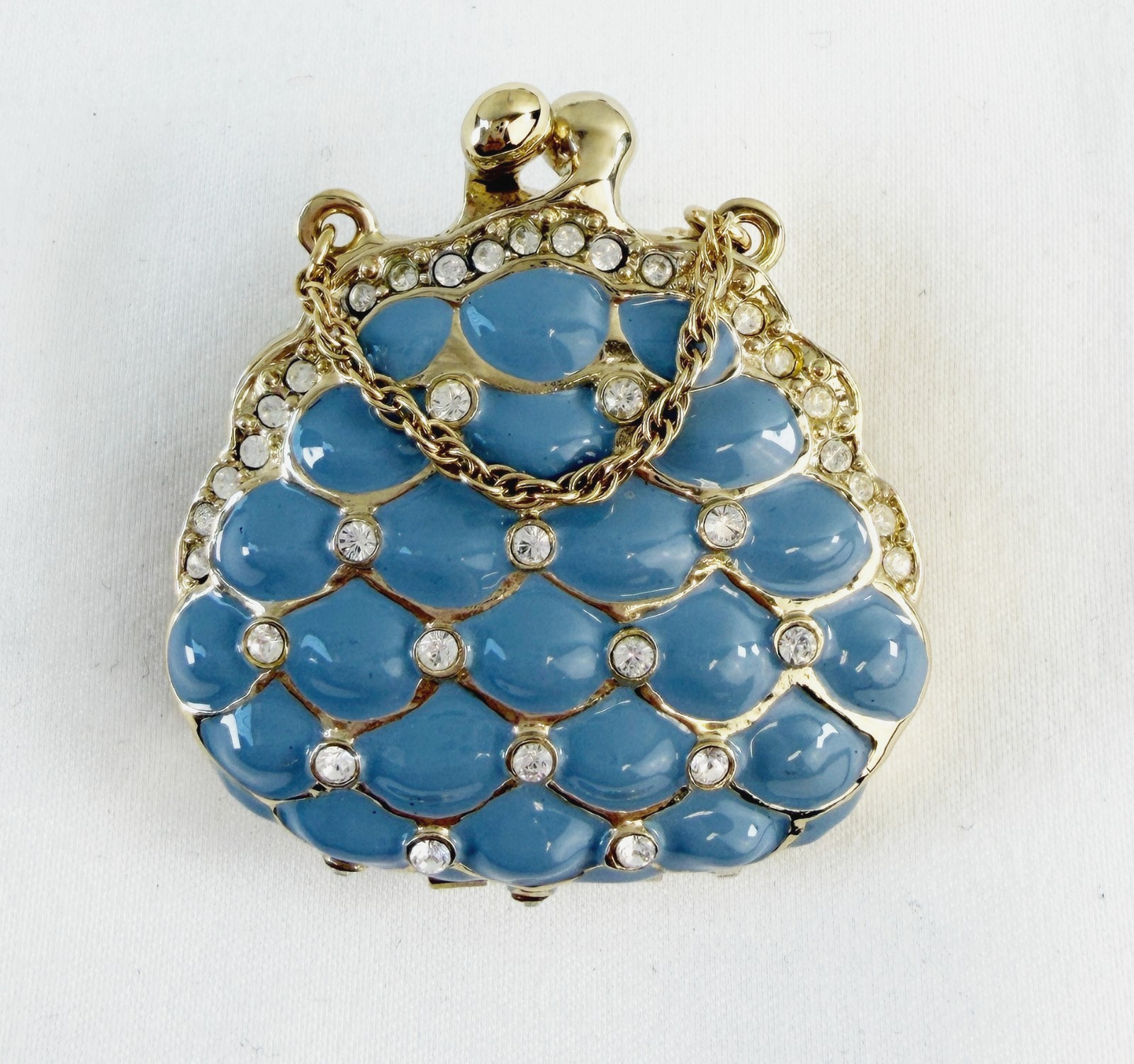 NEW ST. JOHN Handbag Mini Brooch Blue Enamel Scales Crystals 24KGP Logo Enhancer