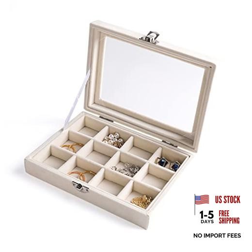 Jewelry Organizer Tray with Clear Lid – Velvet Drawer Insert 12 Grid Beige