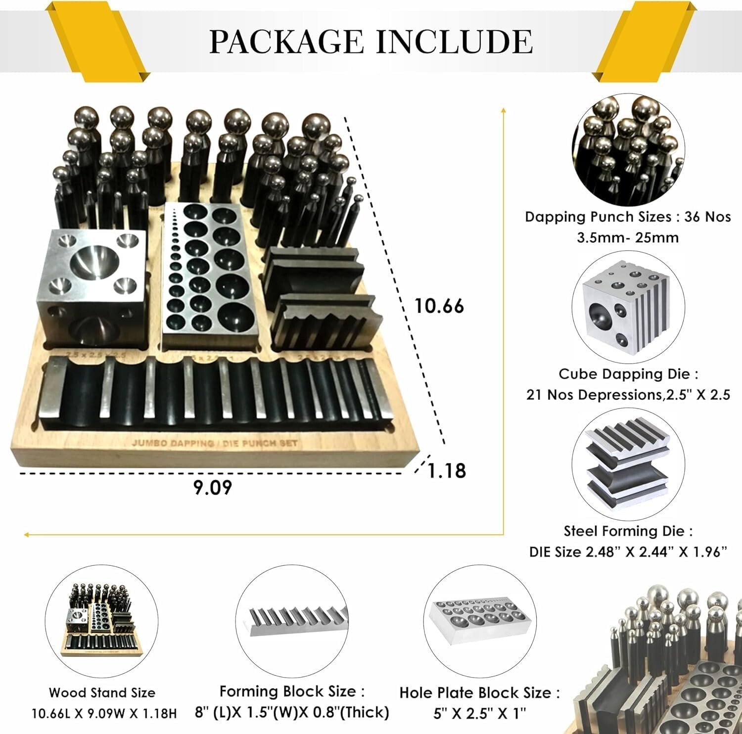 Complete Metal Jewelry Dapping Doming Punch Set Wooden Block Base Tool (41 pcs)