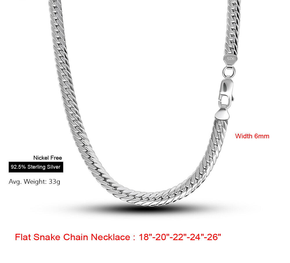 Solid 925 Sterling Silver Flat Snake Curb Chain Link Necklace 6mm Men & Women