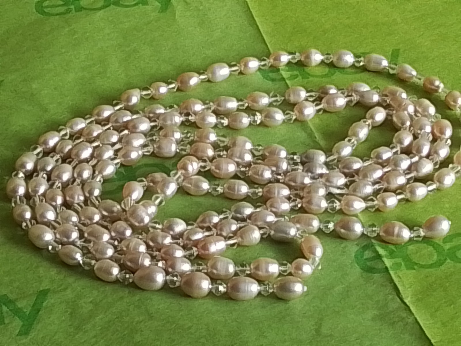 Long Open Ended Bead Necklace, Cultured Pink Baroque Pearls, Clear Crystals, 65″