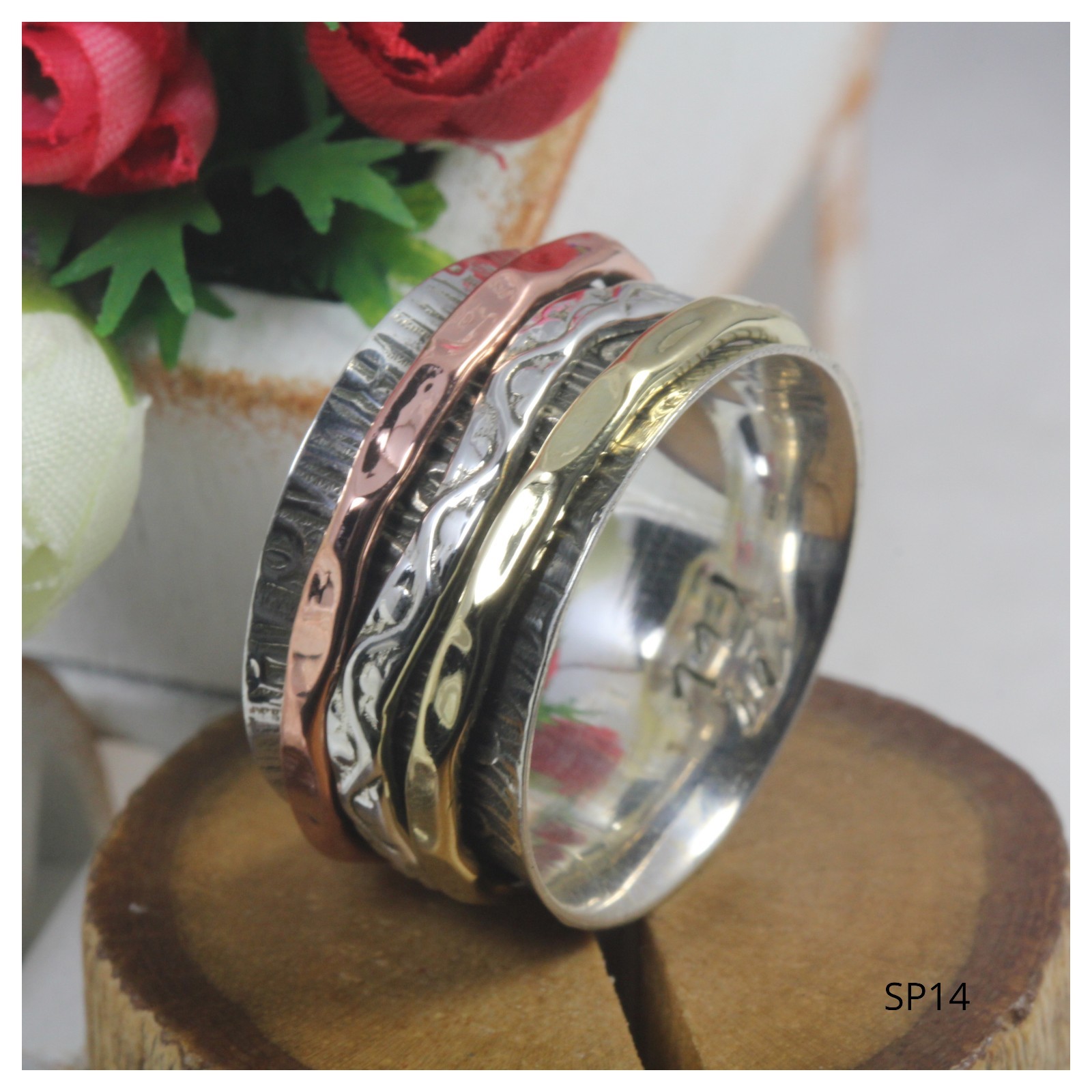 Wood Grain Boho Sterling Silver 925 Gold, Rose Fidget Spinner Meditation Ring