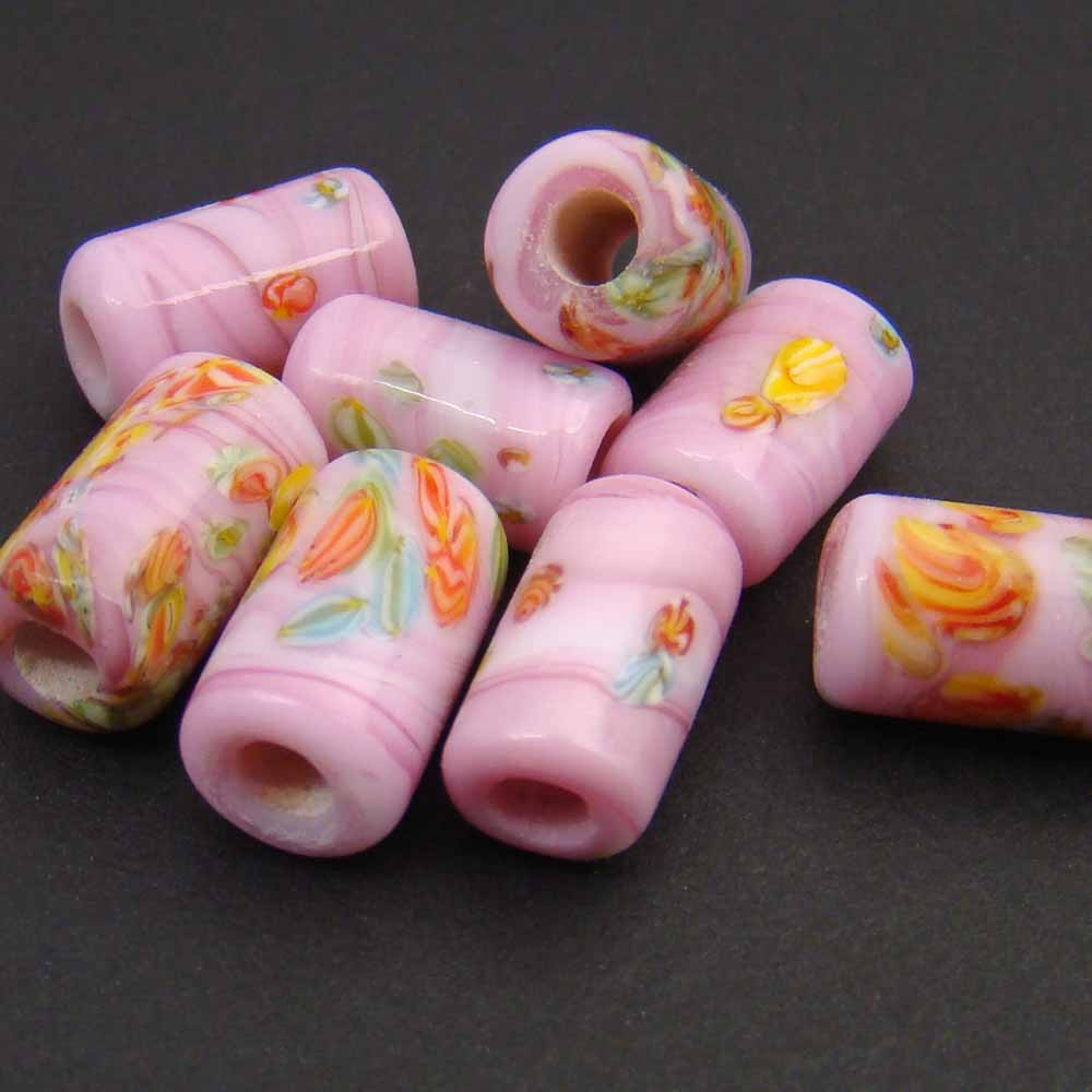 8 Vintage Japan lampwork large hole opaque pink glass murrine beads avg 14mm