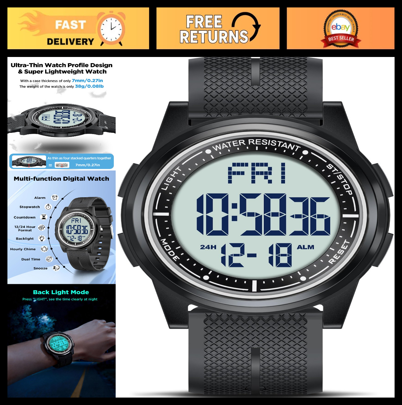 Digital Sports Watch 50M Waterproof, Ultra-Thin Lightweight, 44mm Silicone, Alar