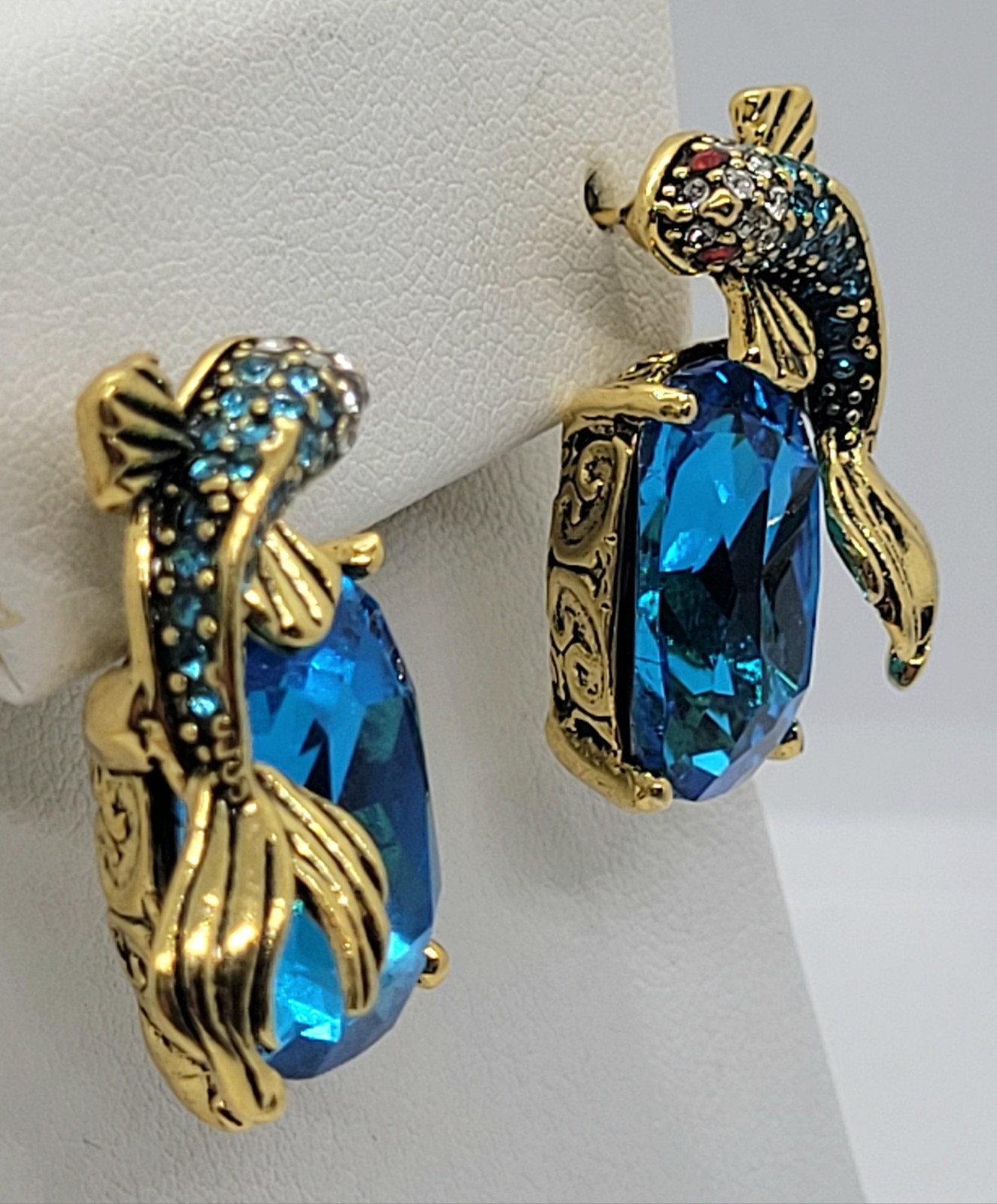 Koi Fish Earrings VTG Gold Fish BLUE Crystal Nouveau Ornate Art Deco CZ Cluster