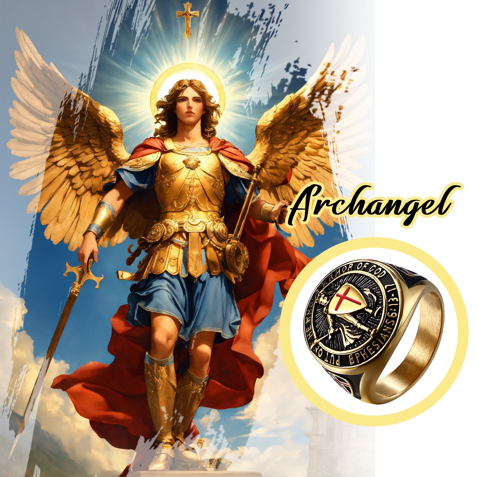 Men Archangel St Michael Shield Guardian Stainless Steel Signet Ring #8-13