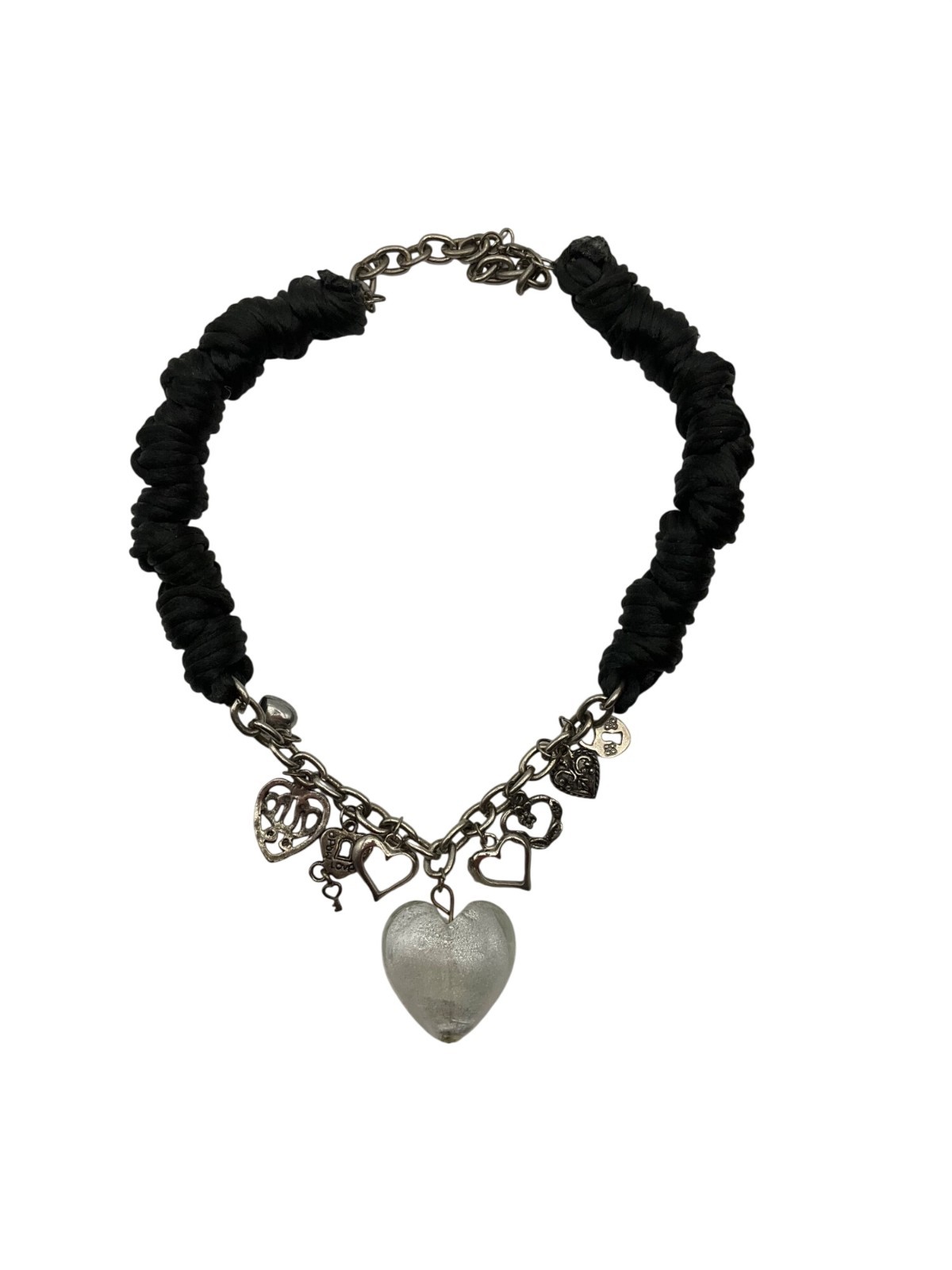 Y2K Artisan Handcrafted Chunky Heart Charms Glass Necklace Goth Whimsical