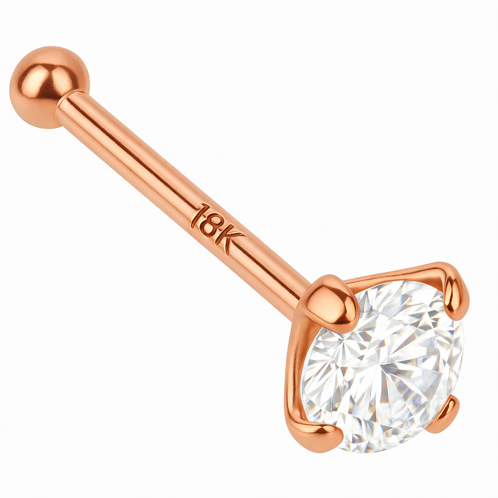 18K Rose Gold Nose Ring Stud Bone 20G Genuine Natural Diamond