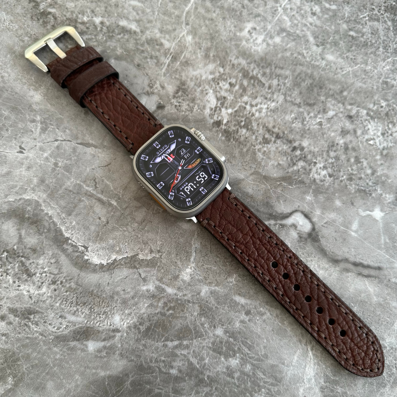 Premium Thick Brown Lychee Leather Watch Strap For Apple Watch Ultra 1 2 49mm