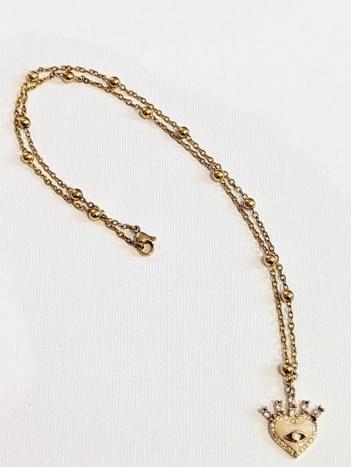 Gold Tone Double Cable Chain Necklace Evil Eye Eye Charm Pendant White Crystal