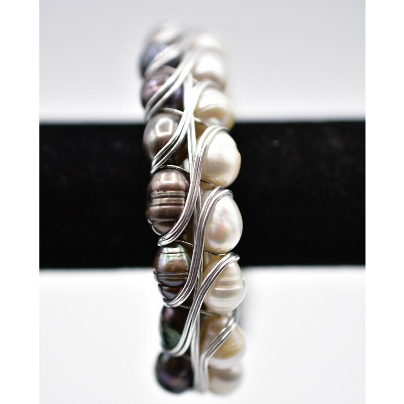 Vintage Cuff Bangle Bracelet Silver Gray White Black Pearl Beaded Chunky BinD