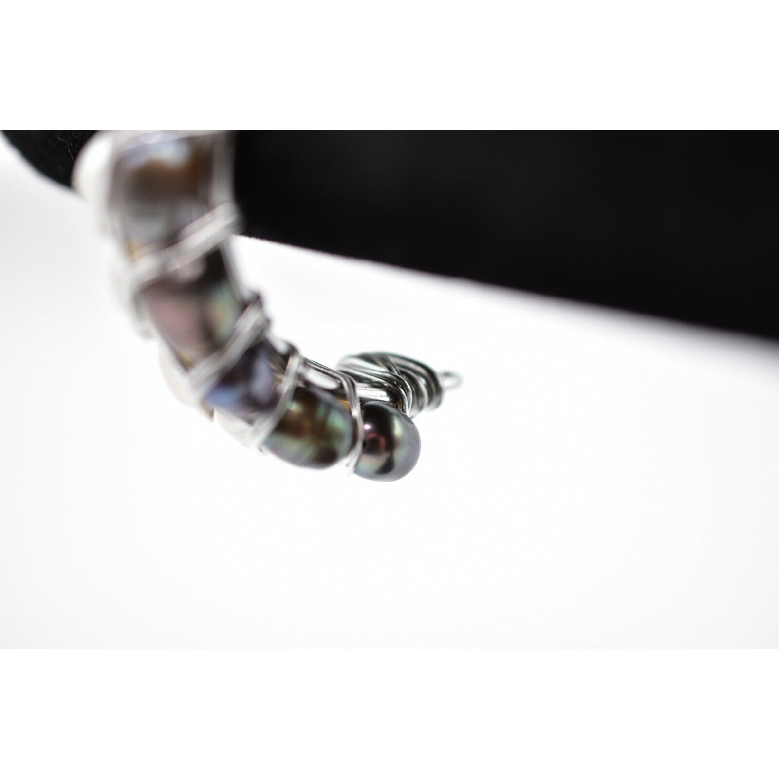 Vintage Cuff Bangle Bracelet Silver Gray White Black Pearl Beaded Chunky BinD