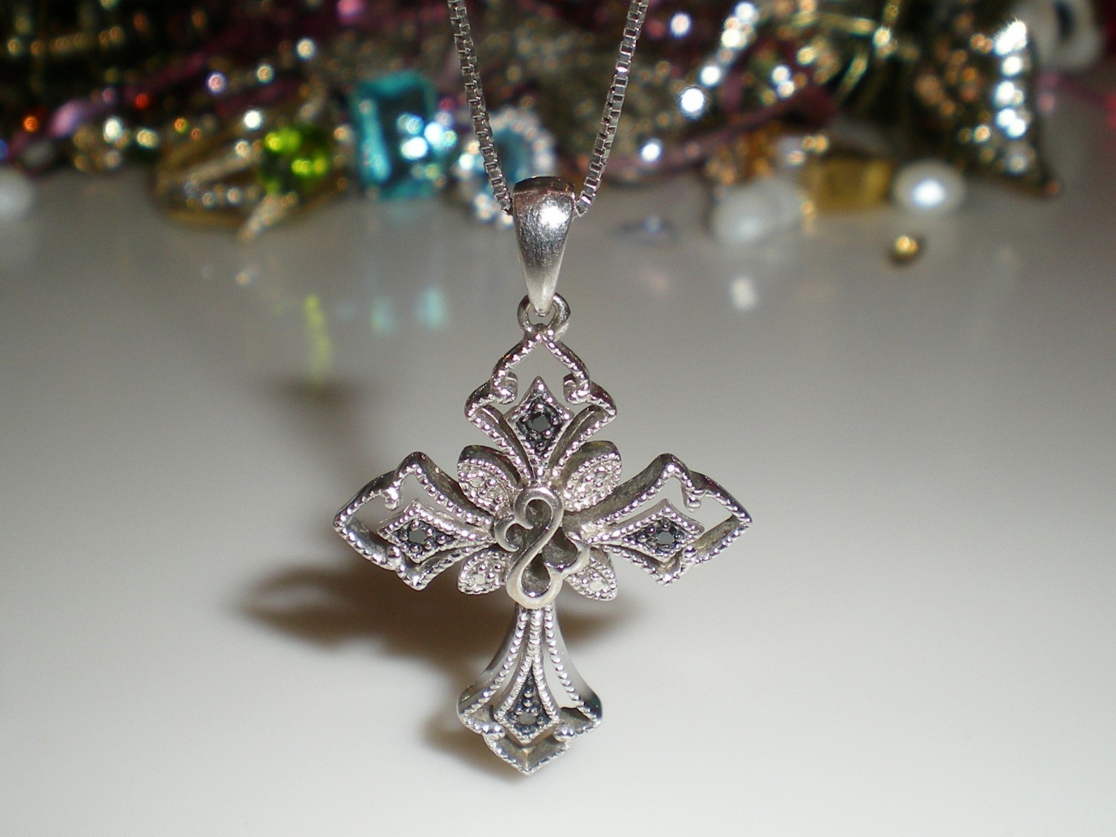 Jane Seymour SS Open Hearts Gothic CROSS 1/6ct Diamond Necklace 💎 KAY BOX 💎