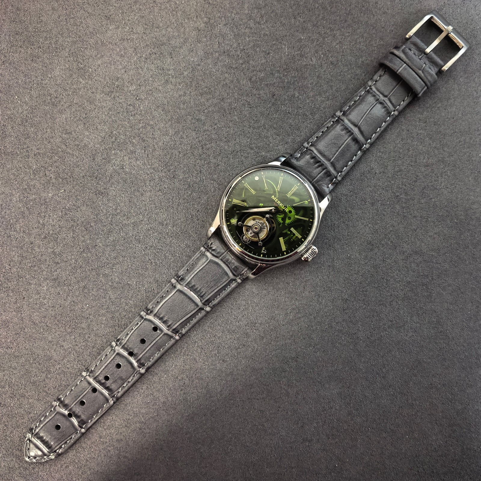 Merkur Men Tourbillon Watch 42mm Mechanical Wristwatch Sapphire Skeleton Dial