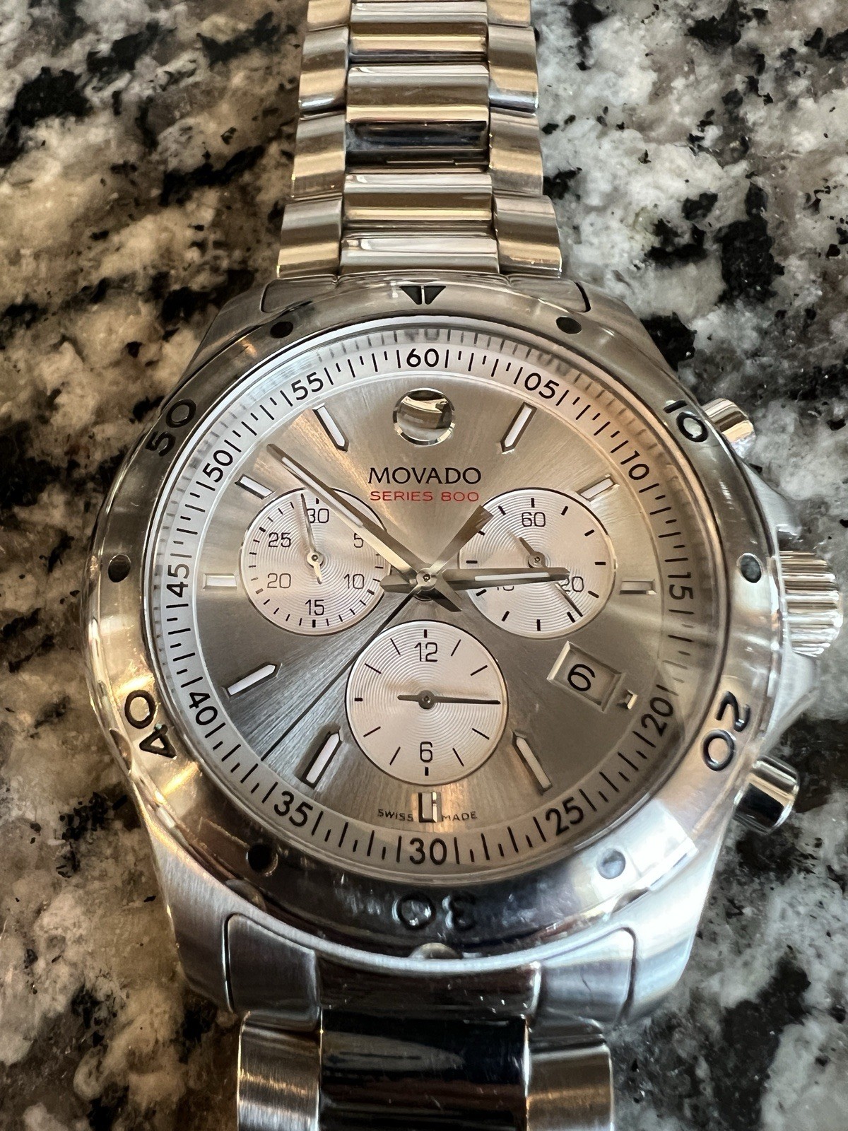 MOVADO SERIES 800 CHRONOGRAPH STAINLESS STEEL NO BOX OR PAPERS NEW BATTERY