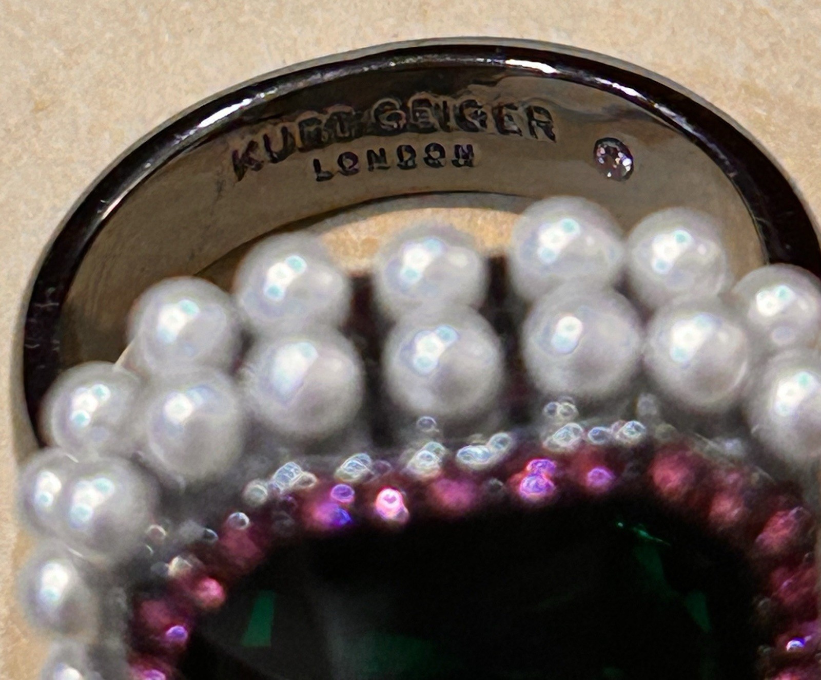 Kurt Geiger London Green Emerald-Cut Crystal Pearl Halo Cocktail Ring Size 8