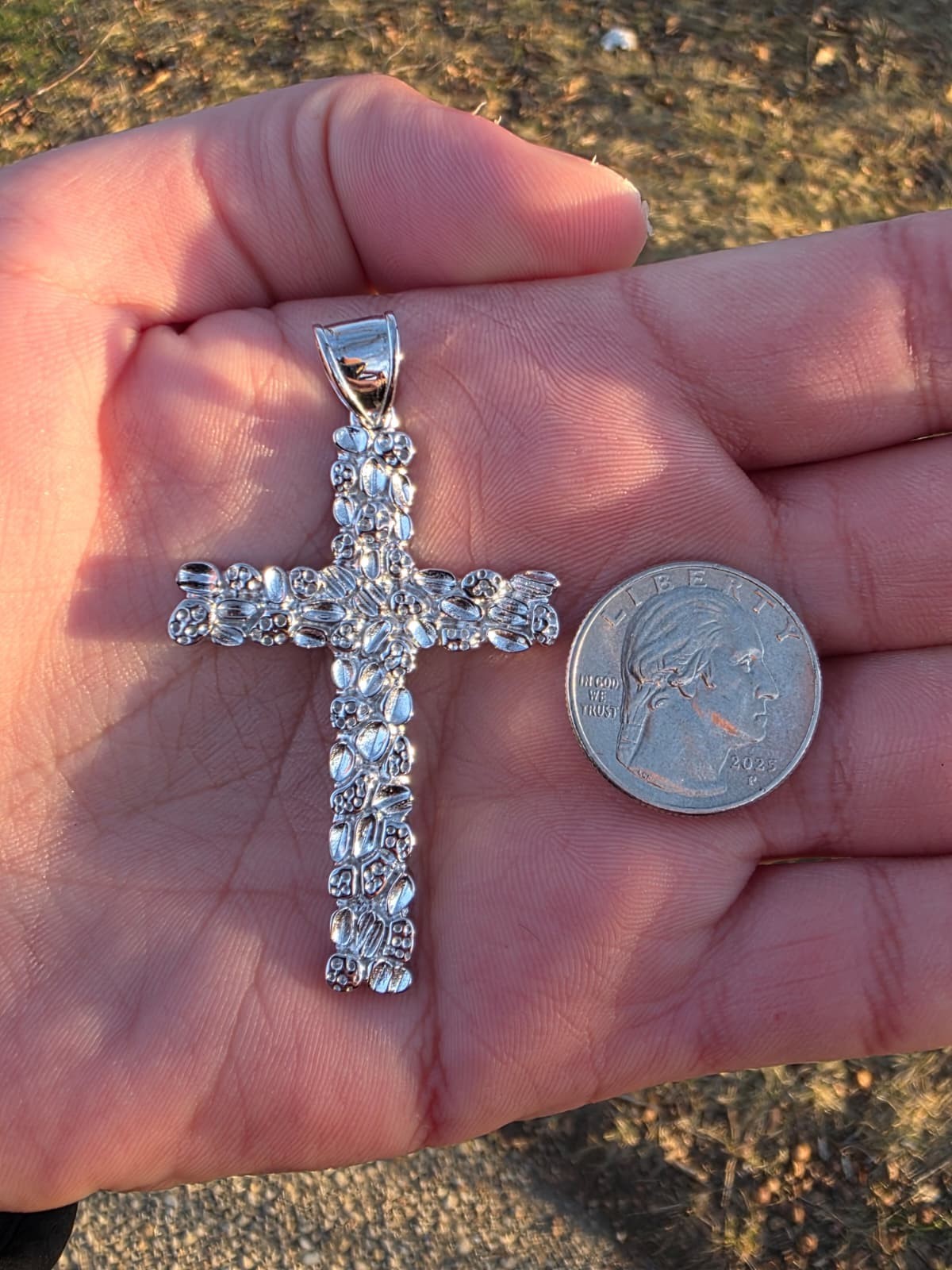 Men’s Large Nugget Cross Pendant 925 Sterling Silver Crucifix Necklace