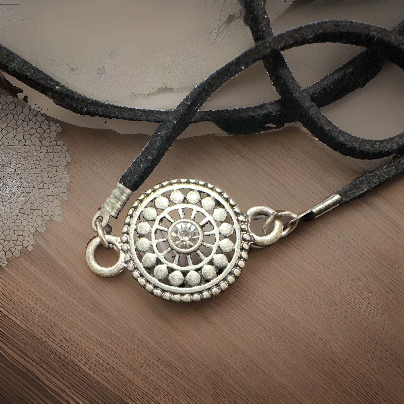 Black Cord Bohemian Necklace Silver Tone Round Charm Feather Pendants Adjustable