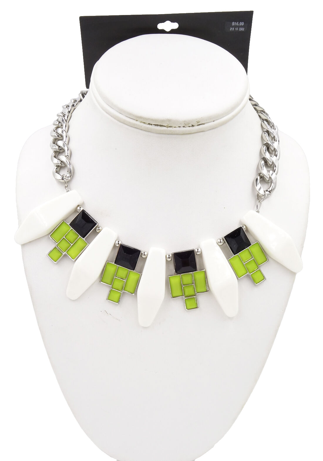New Curb Chain Statement Necklace with Lime Green, Black & White Stones #N2422