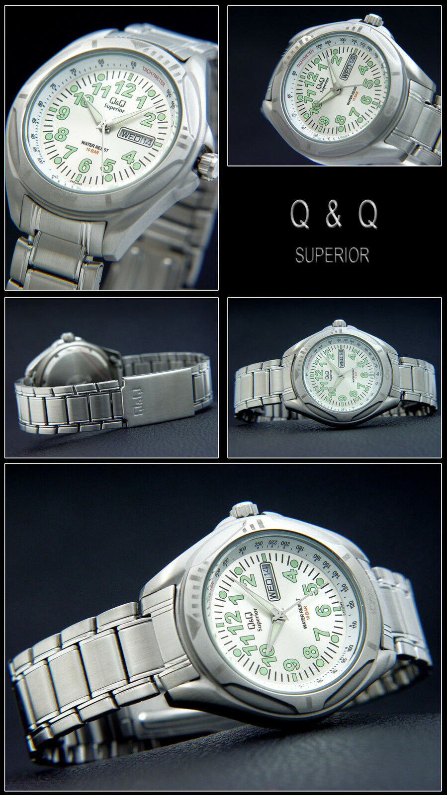 Sporty Men’s Watch Diver Model Stainless Steel Day-Date Easy To Read Silver Q&Q