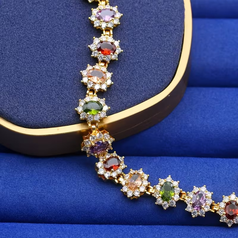 9.00 Ctw Oval Cut Lab-Created Multicolor Halo Bracelet 14K Yellow Gold Plated