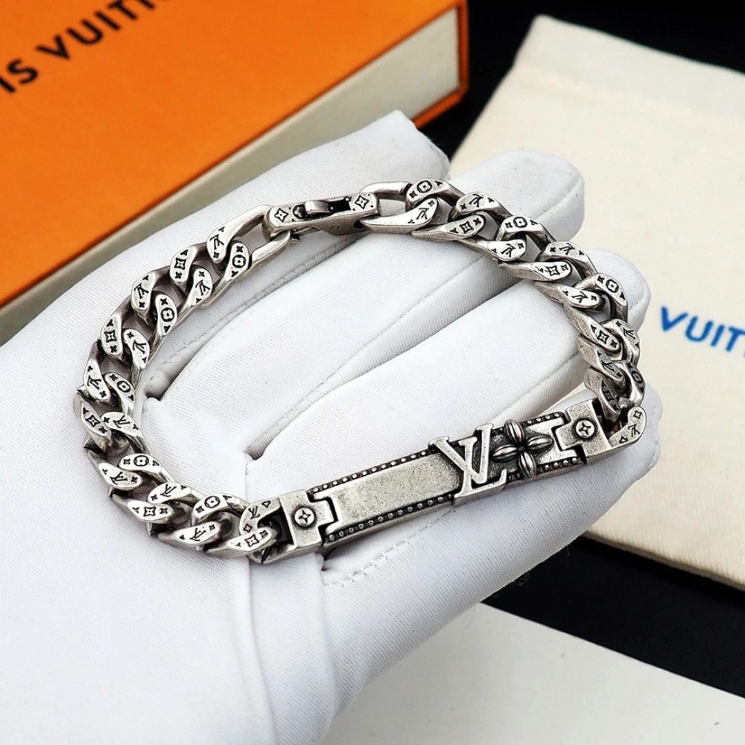 Men’s Engraved Silver Gourmette Bracelet Vintage Style Cuban Link Jewelry