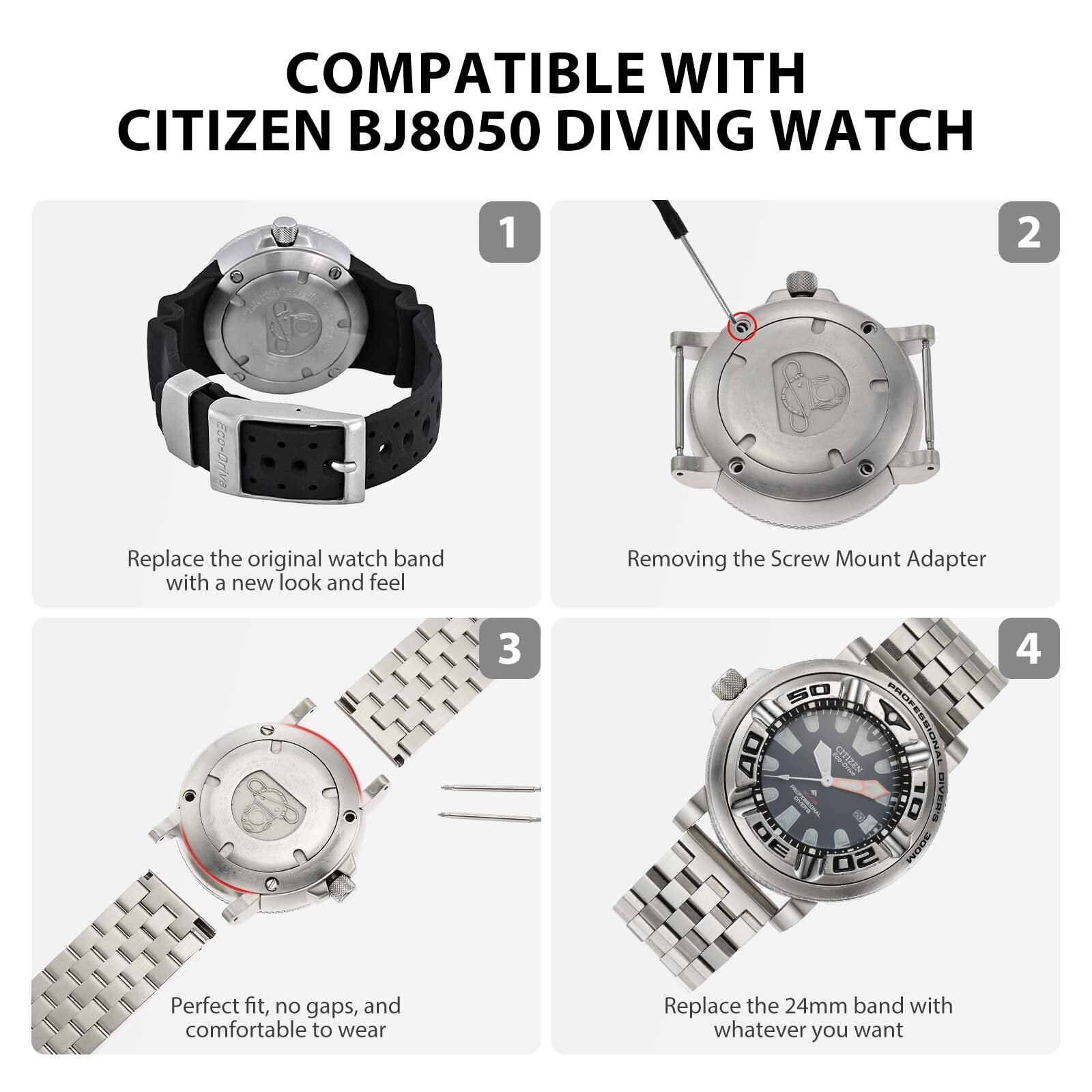 SOLID WATCH BAND+2 SILVER BRUSHED ADAPTER FIT CITIZEN BJ8050 ECOZILLA ECO-ZILL