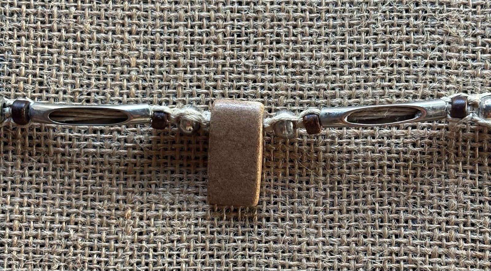 Silver Brown hemp Choker Necklace Rectangle Charm Pendant Adjustable Tie