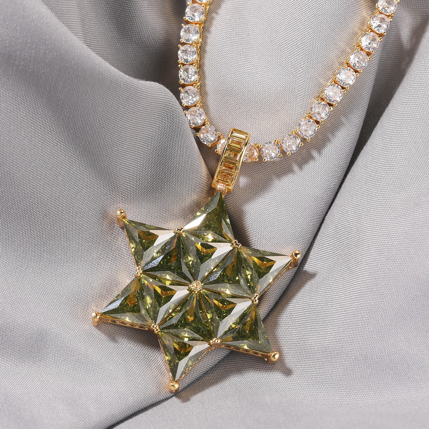 Hip Hop Jewelry Hexagram Pendant Bling Necklace CZ Gold Filled Chain Accessories