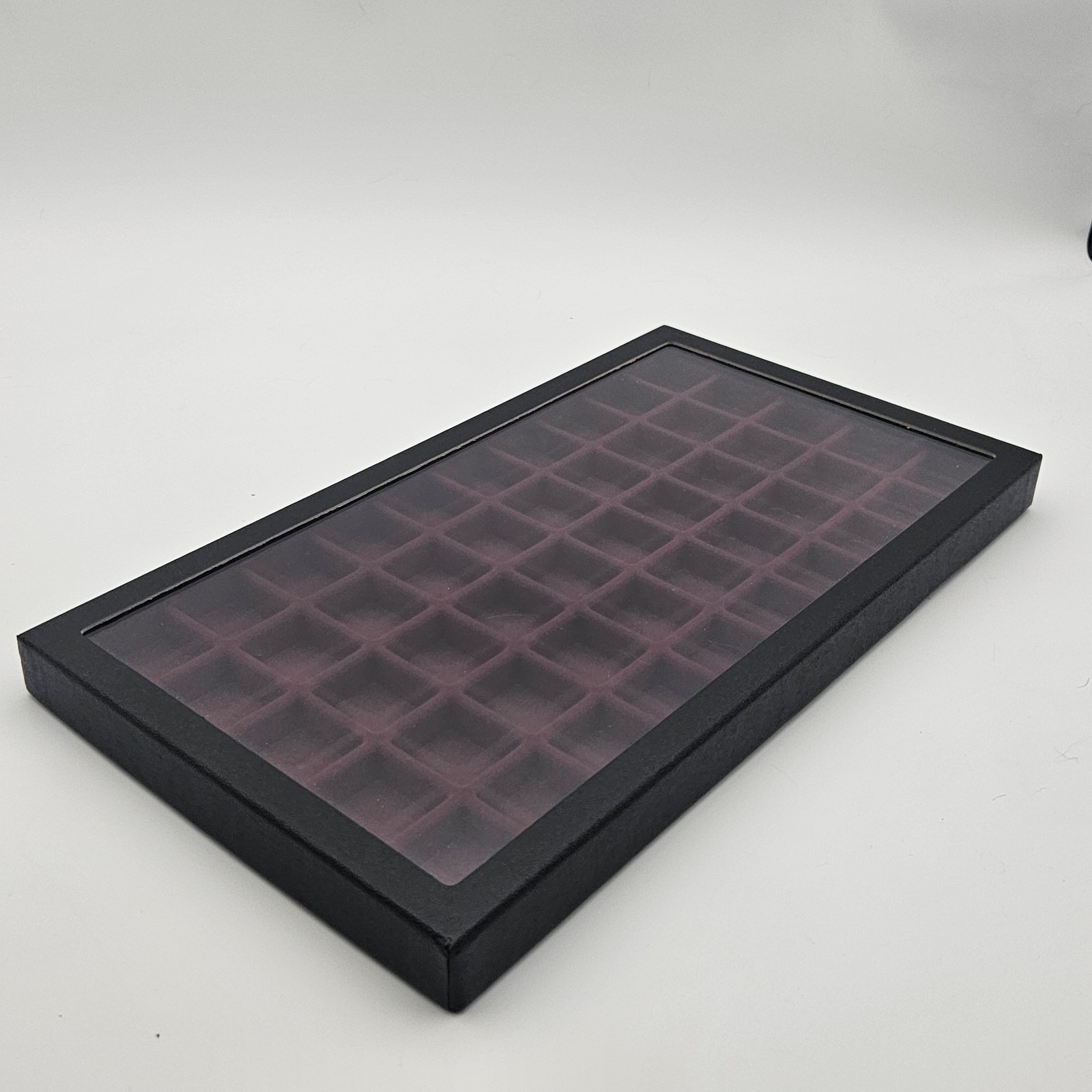 NOS Jewelry Tray Cube Display 50 Slot 14.5″ x 8″ x 1″ Flocked Burgundy Glass Top