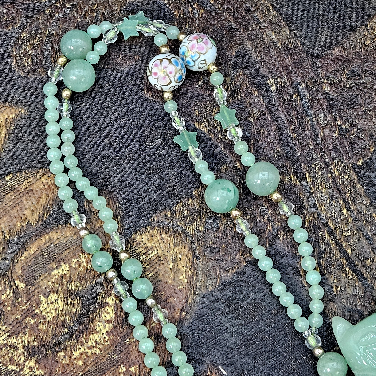 VTG Asian Jadeite Tested Carved Cat Pendant Necklace Aventurine Cloisonne 28″