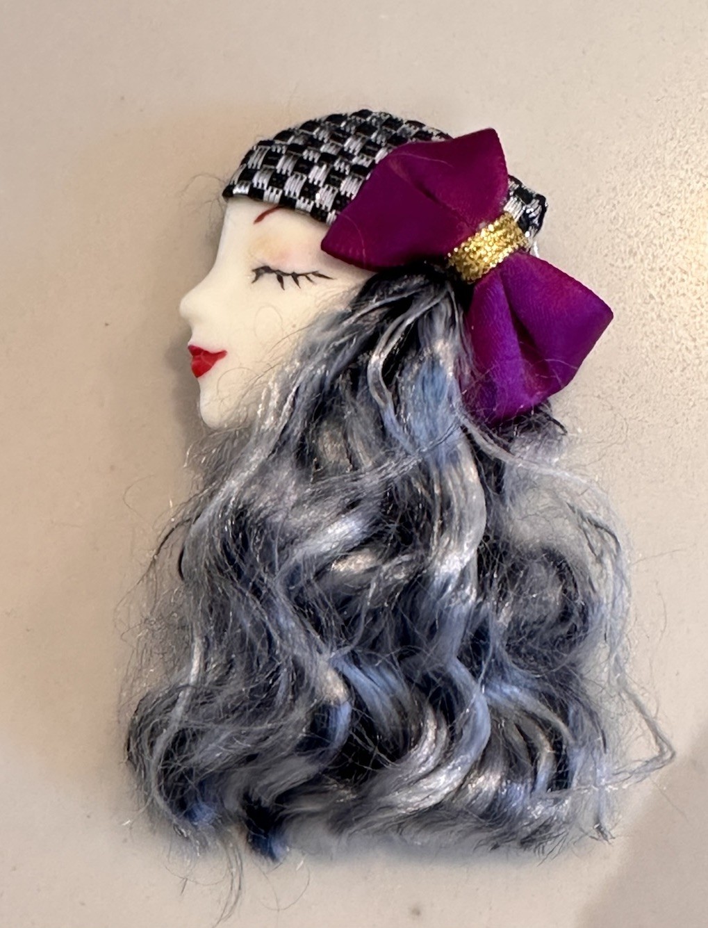 Lady Head Porcelain Brooch Hand Painted Long Gray Hair SEE DETAILS Repair Needed