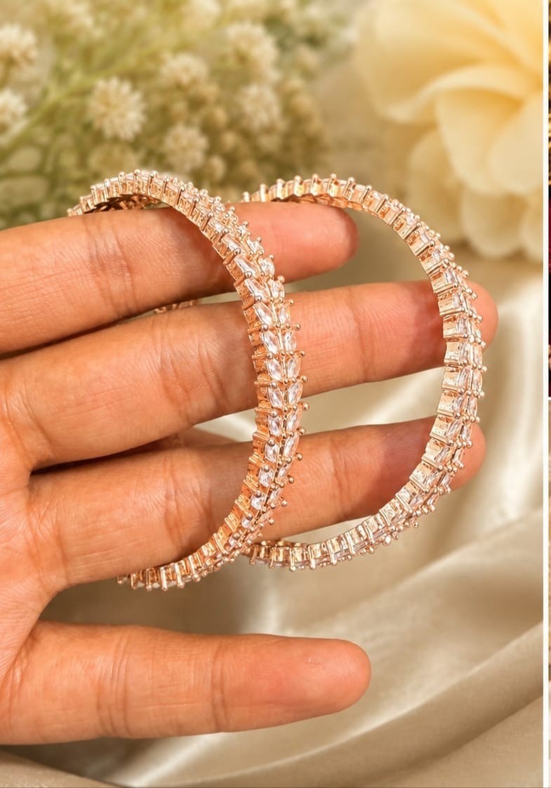 Classy Elegant Rose Gold Cubic Zirconia Tennis Bangles Pair Gift Of Beauty