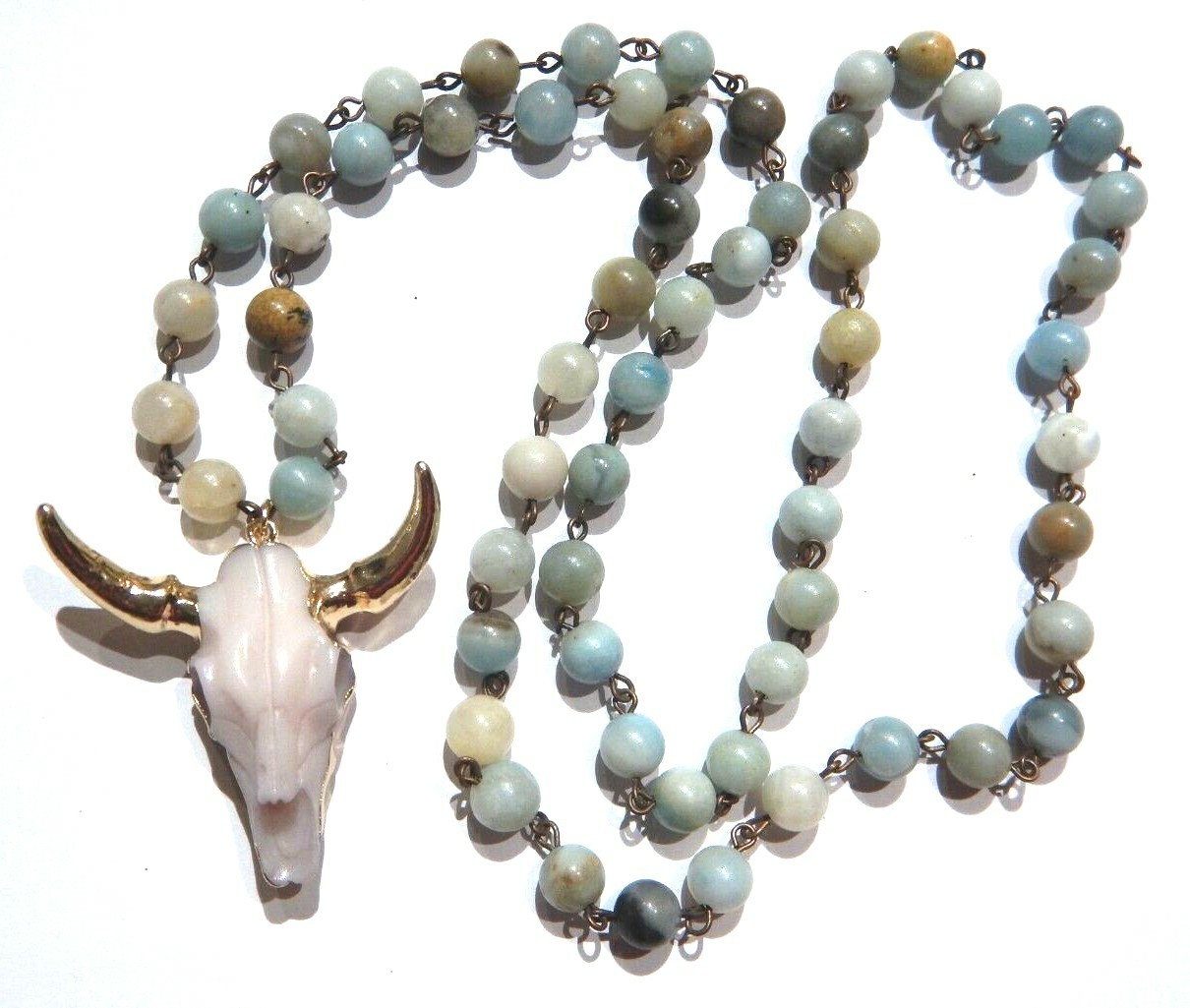 COW SKULL BEADED NECKLACE Amazonite stone blue goldtone ox bull cattle boho L5