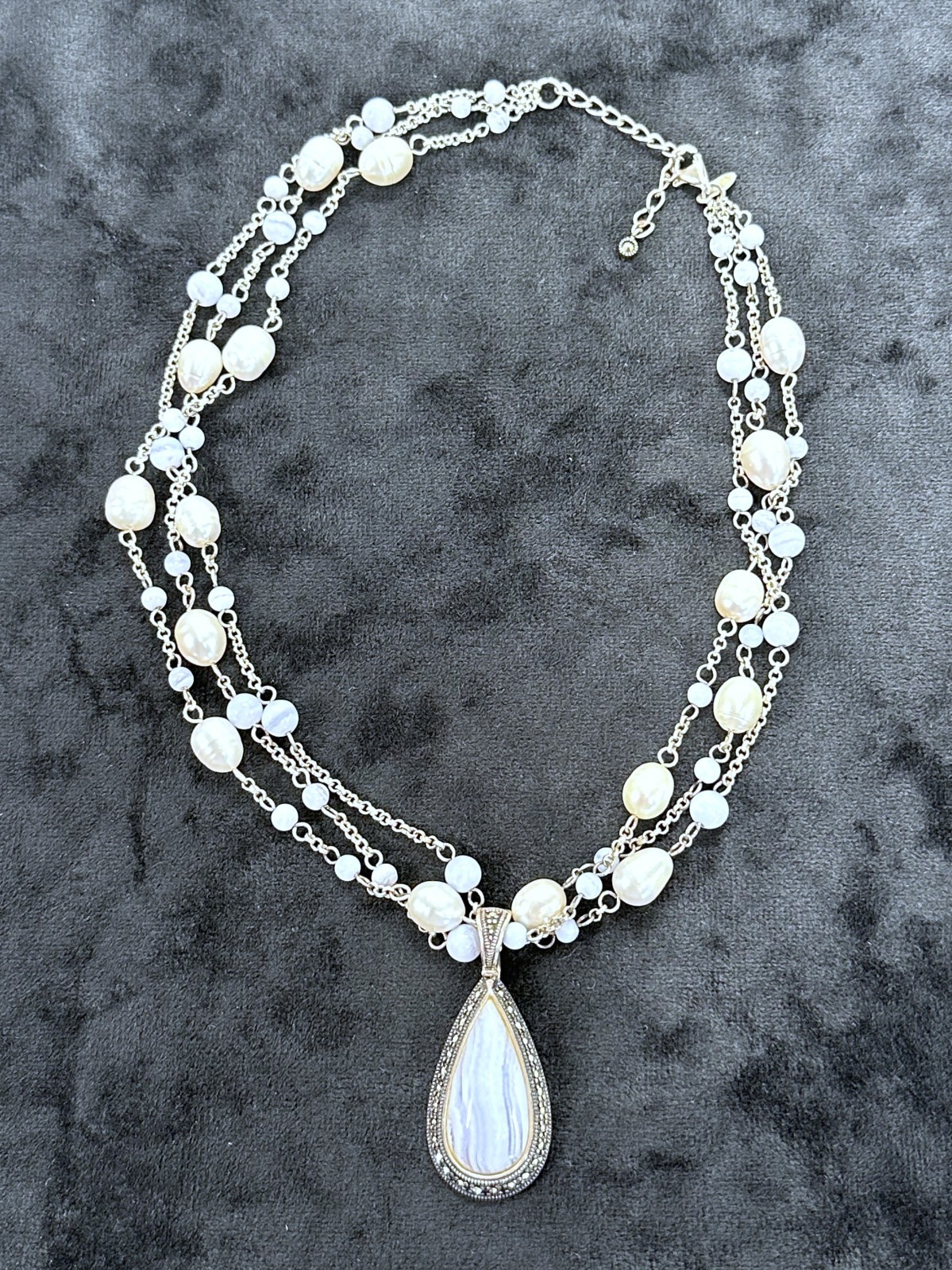 Marcasite 925 Sterling Silver Blue Lace Agate & Pearl 3 Strand Necklace 17″ 39g