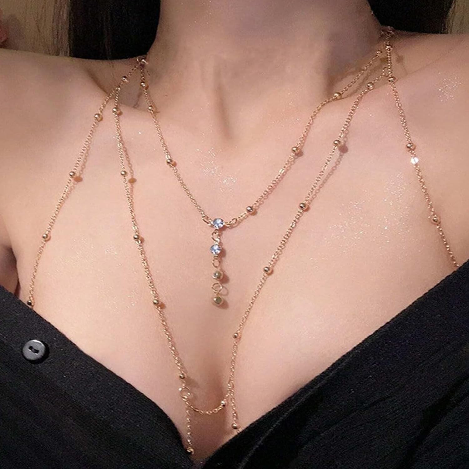 Versatile 14K Gold Plated Bikini Bra Chain with Summer Rhinestone Accents