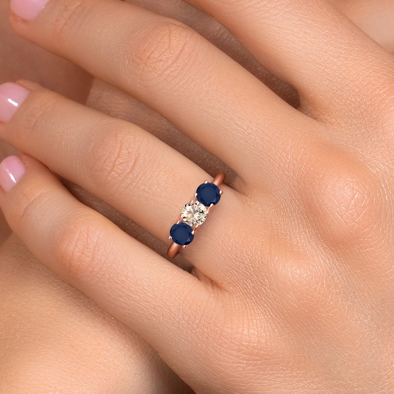 18K Rose Gold Plated Silver Peach Morganite and Sapphire Engagement Ring For