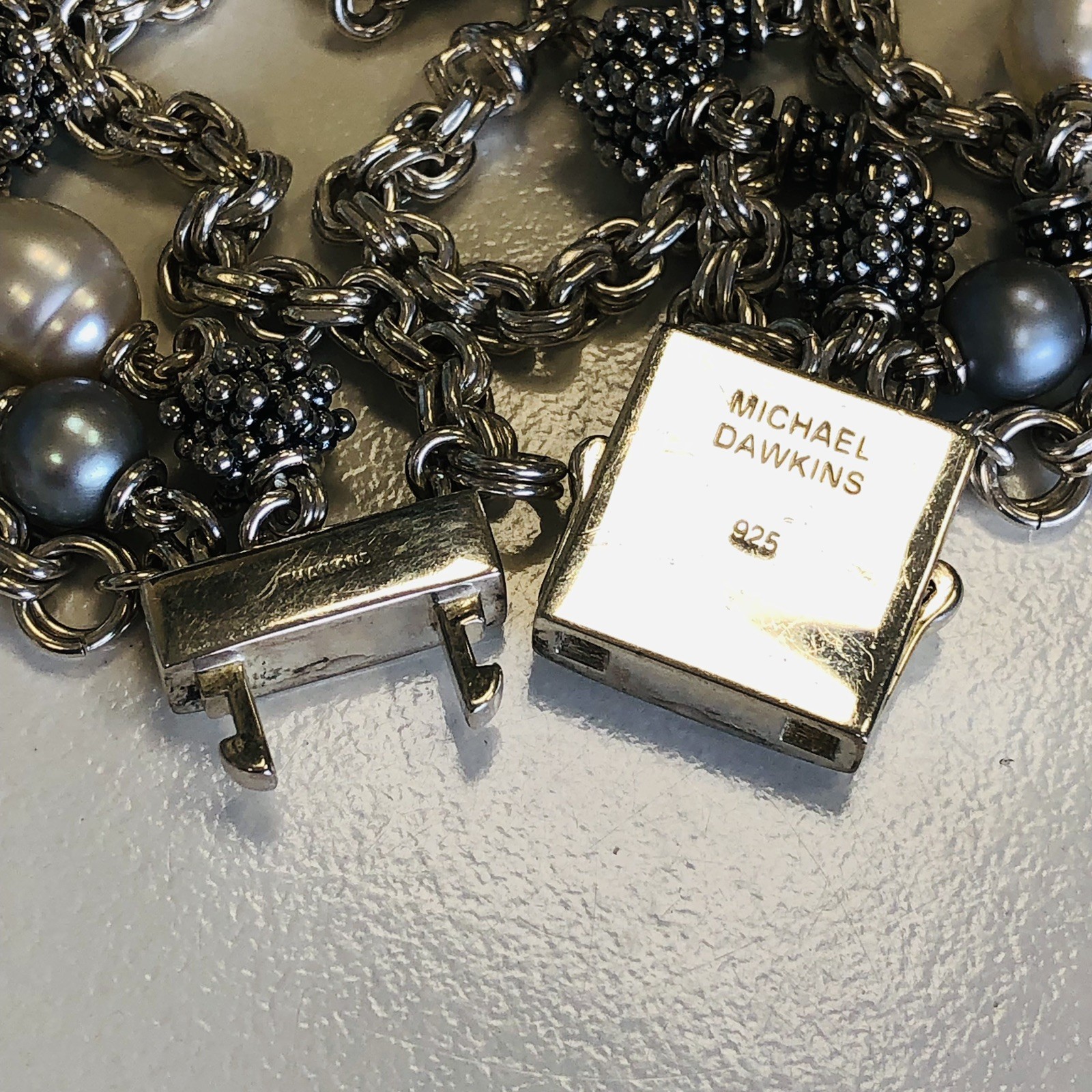 Excellent! Michael Dawkins Sterling Silver & Pearl 4-Strand Chain Bracelet 8″