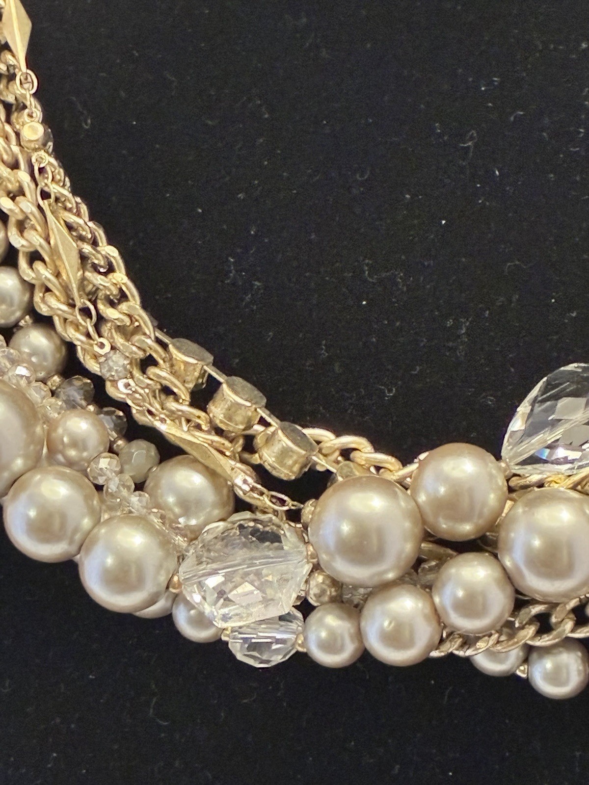 LOFT Gold Tone Layered Statement Necklace Imitation Pearl Crystal 18″ Adjust