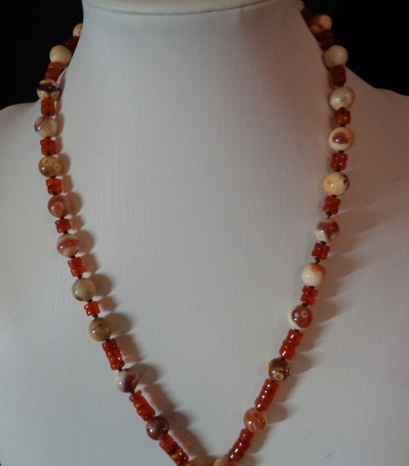 Artisan crafted,3” caged faceted red agate and carnelian pendant, on 18” hand kn